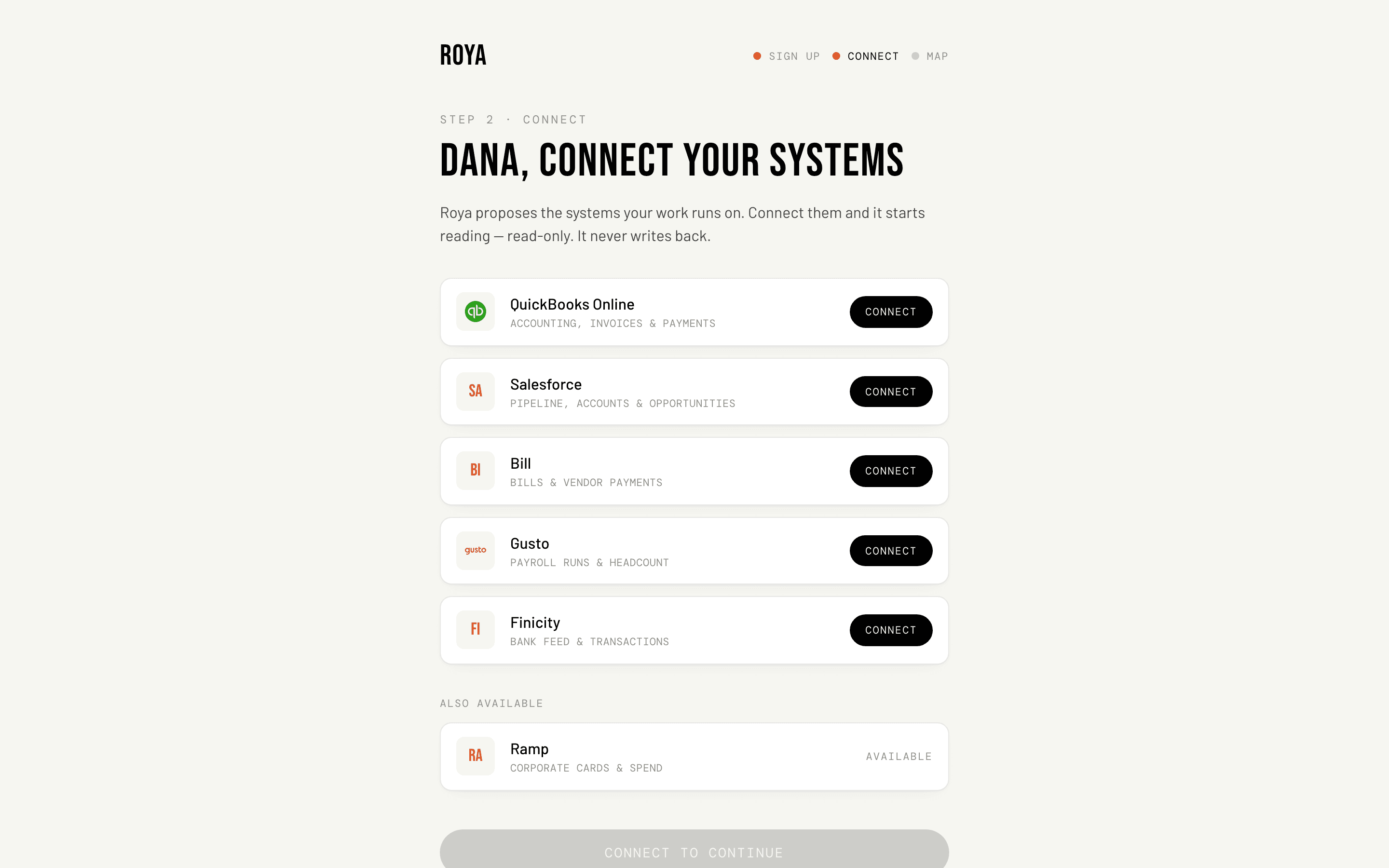 Roya's Connect screen proposing QuickBooks Online, Salesforce, Bill, Gusto, and Finicity