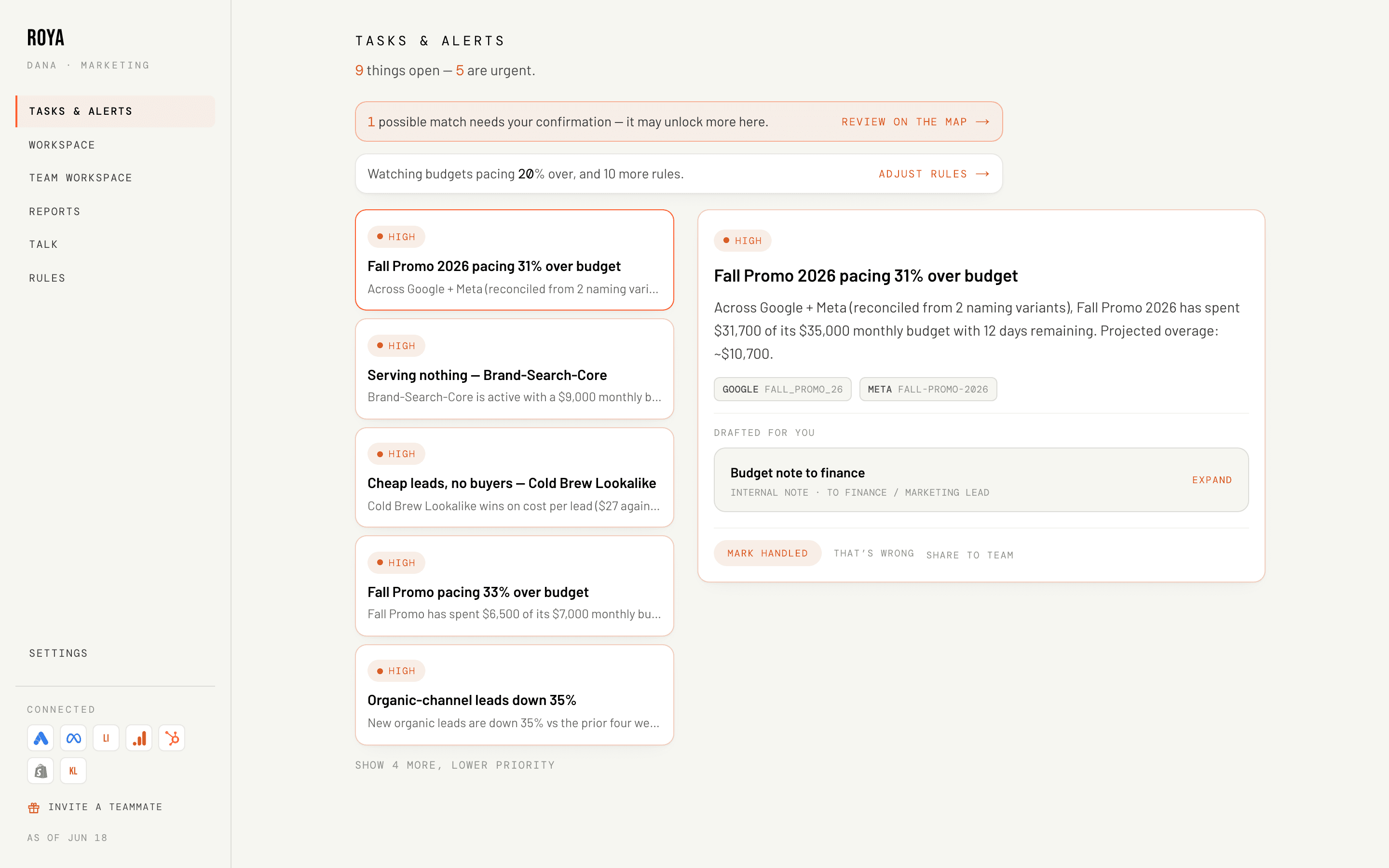 Tasks & Alerts for marketing: spend pacing, creative decay, and naming collisions flagged