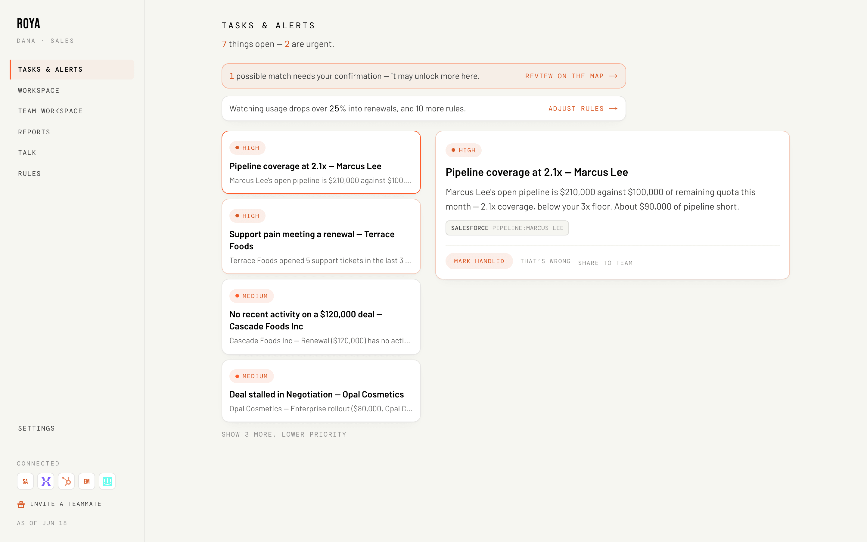 Tasks & Alerts for sales: renewal risk, stalled deals, and quiet accounts flagged