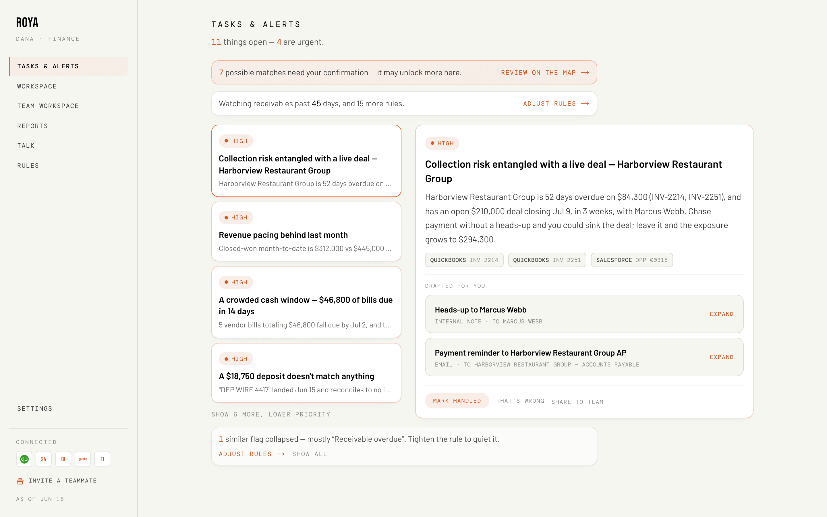 Tasks & Alerts with a flagged overdue balance and its drafted email